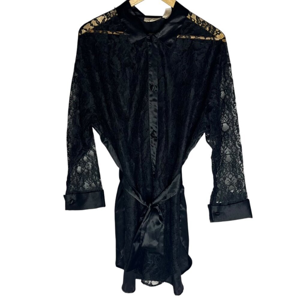 Vintage Gold Label Victorias Secret Satin And Lace Robe Black Whimsigoth M/L